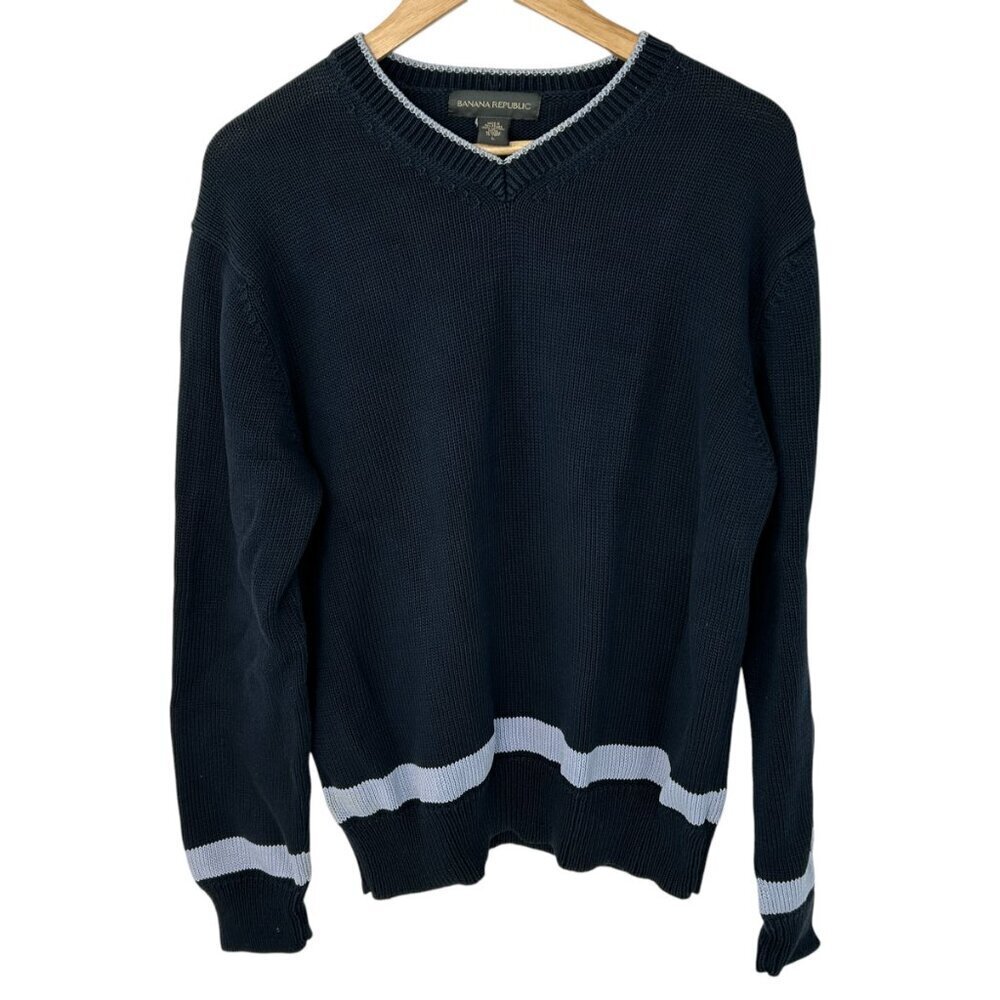 Banana Republic Mens V-Neck 100% Cotton Sweater |‎ Navy & Light Blue Size L